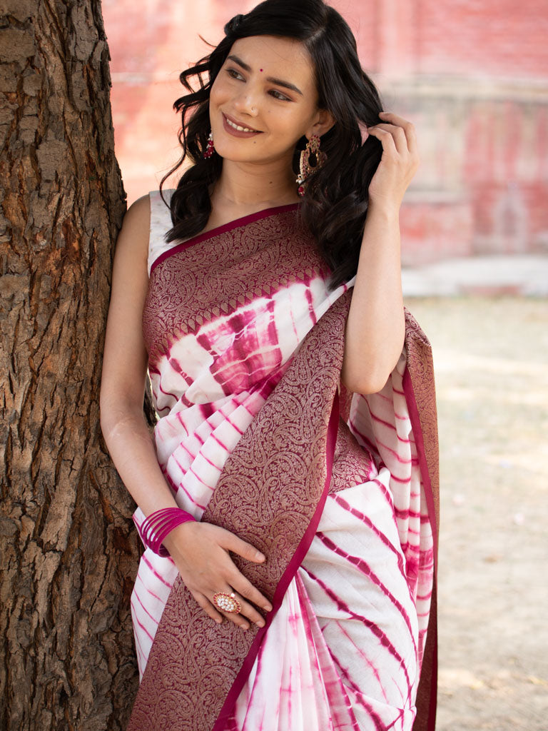 Banarasi Shibori Dyed Cotton Silk Saree With Antique Zari Border-Pink