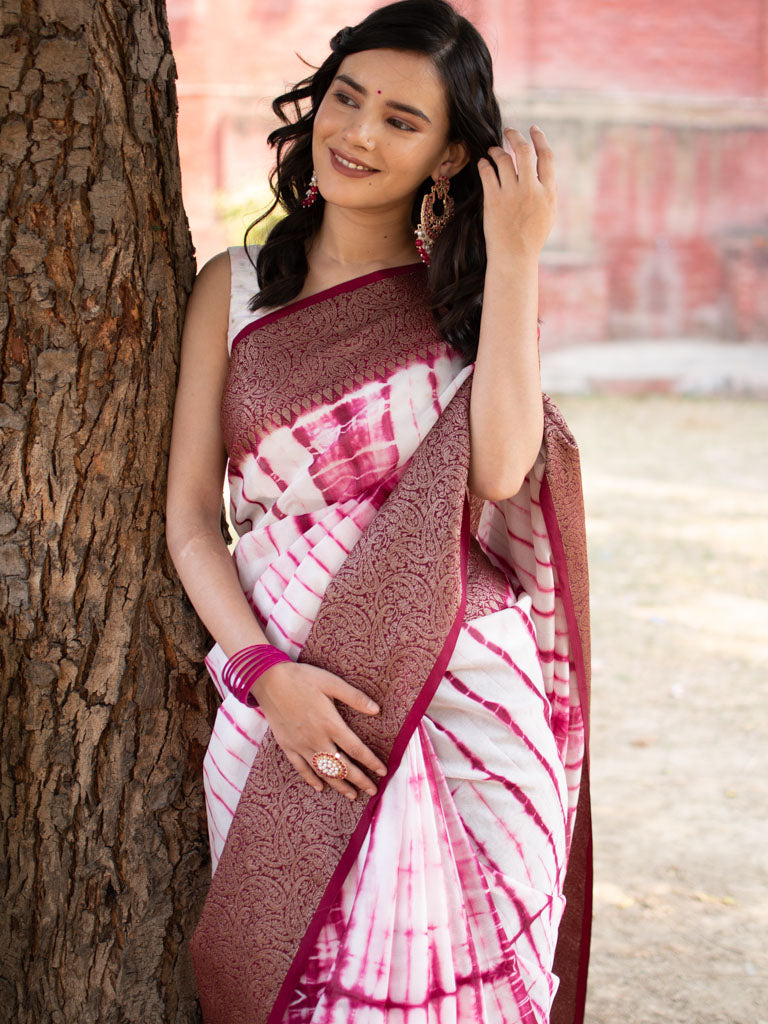 Banarasi Shibori Dyed Cotton Silk Saree With Antique Zari Border-Pink