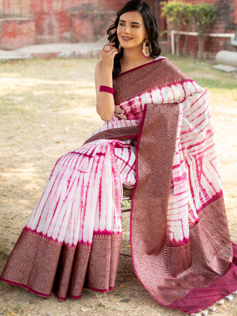 Banarasi Shibori Dyed Cotton Silk Saree With Antique Zari Border-Pink