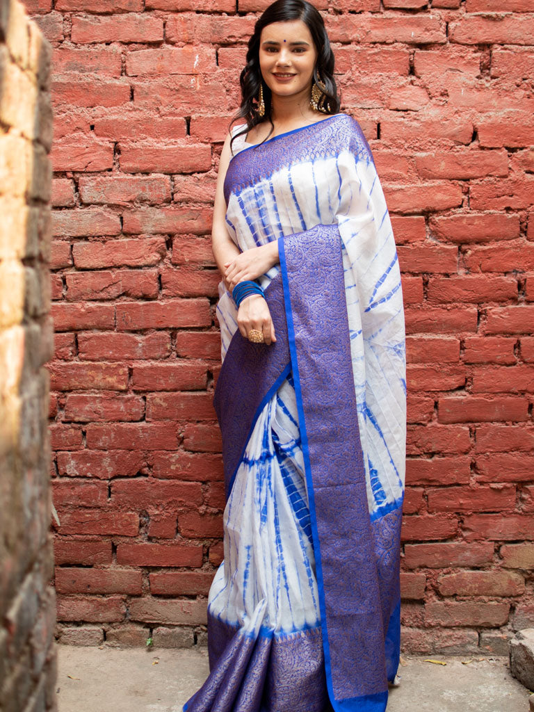 Banarasi Shibori Dyed Cotton Silk Saree With Antique Zari Border-Blue