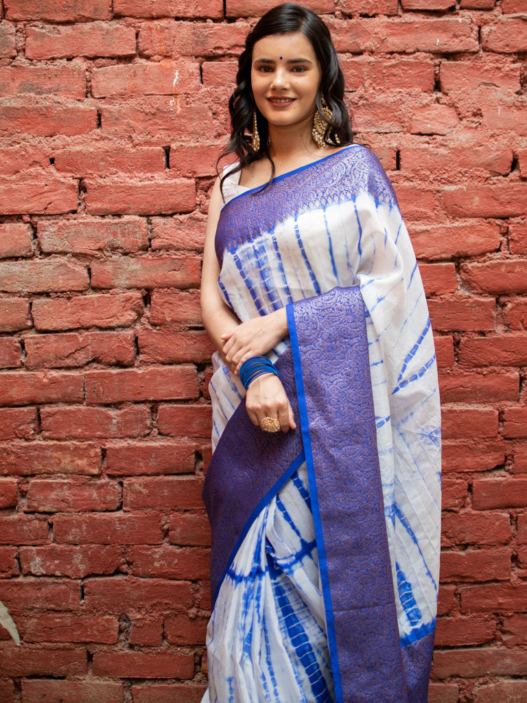 Banarasi Shibori Dyed Cotton Silk Saree With Antique Zari Border-Blue