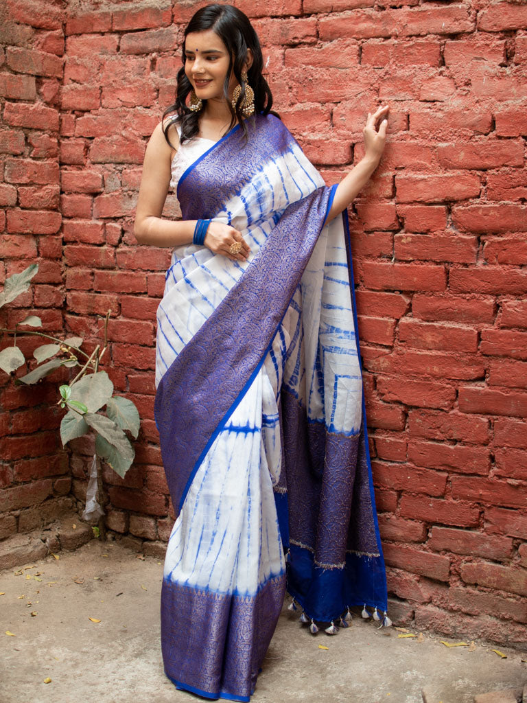 Banarasi Shibori Dyed Cotton Silk Saree With Antique Zari Border-Blue