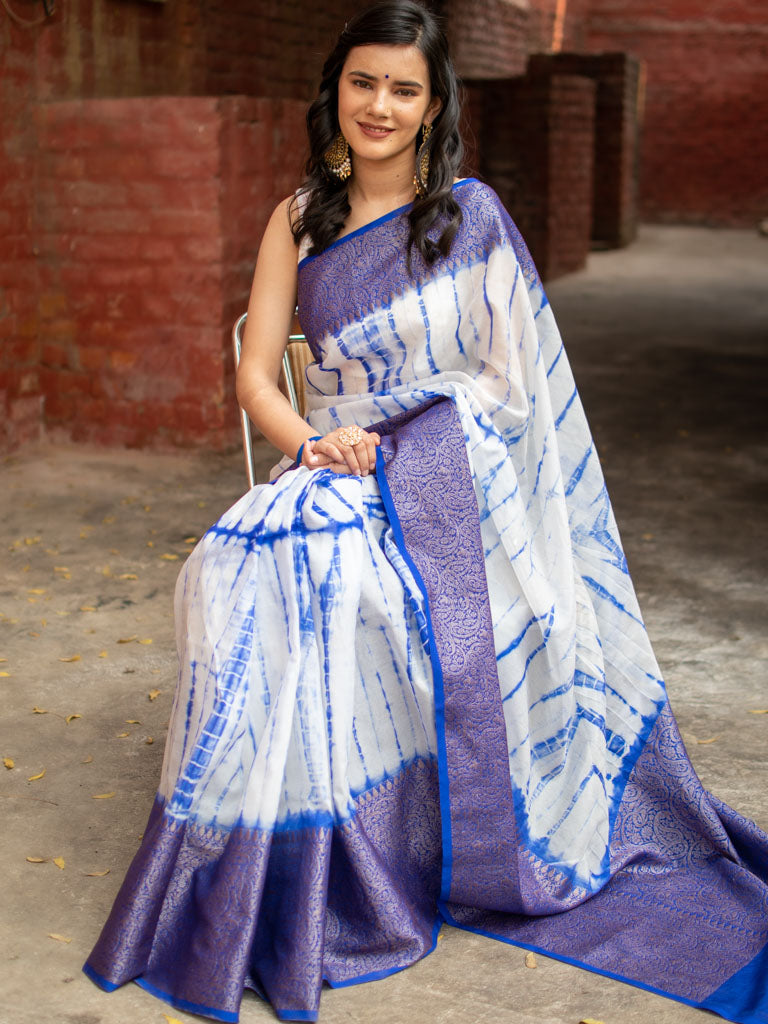 Banarasi Shibori Dyed Cotton Silk Saree With Antique Zari Border-Blue