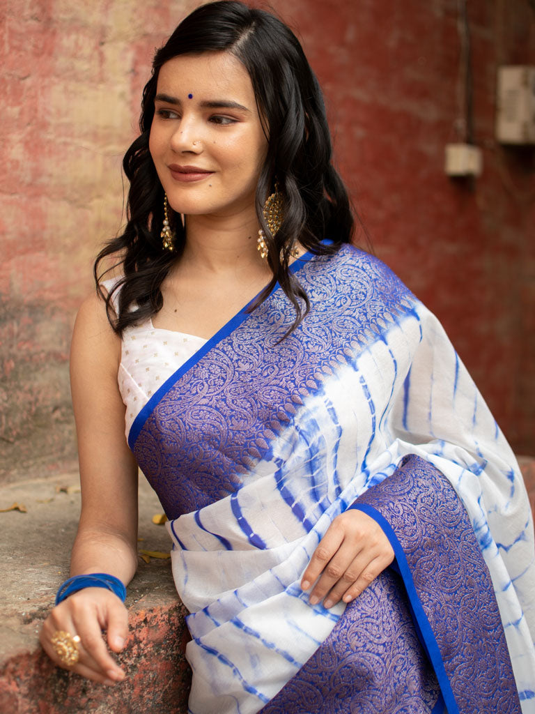 Banarasi Shibori Dyed Cotton Silk Saree With Antique Zari Border-Blue