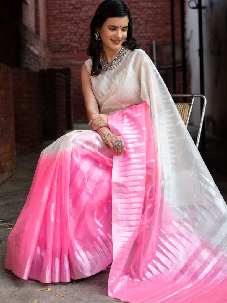 Banarasi Dual Shade Organza Saree With Silver Zari Border-White & Pink
