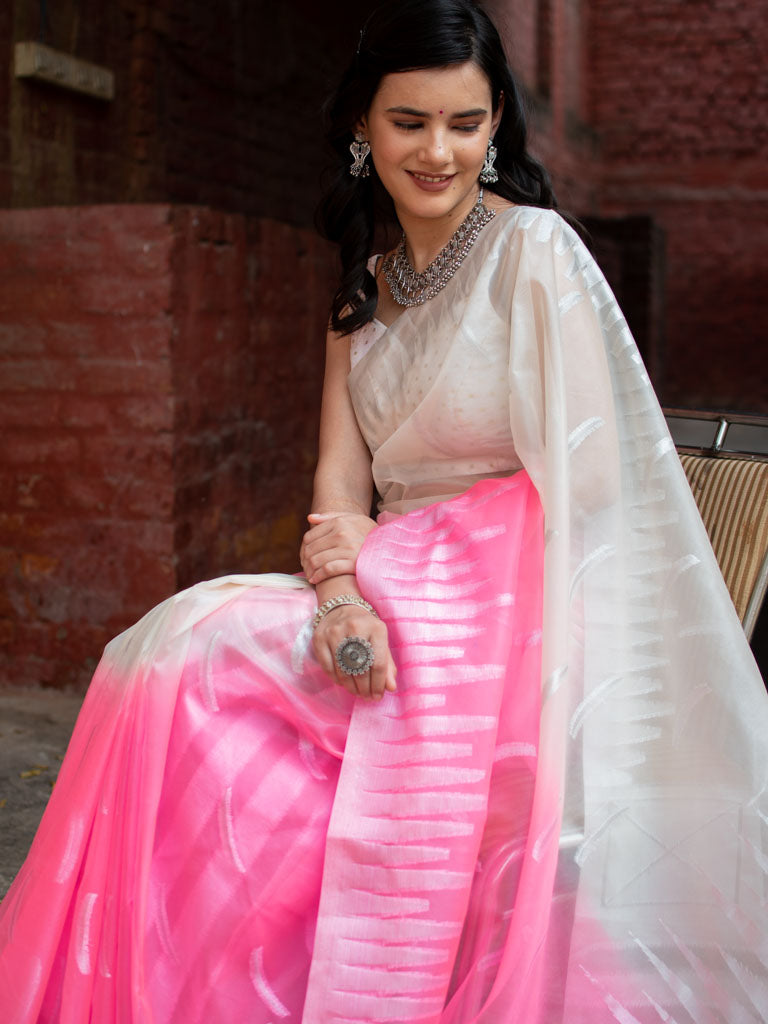 Banarasi Dual Shade Organza Saree With Silver Zari Border-White & Pink