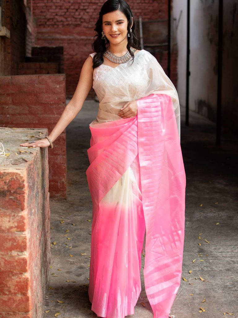 Banarasi Dual Shade Organza Saree With Silver Zari Border-White & Pink