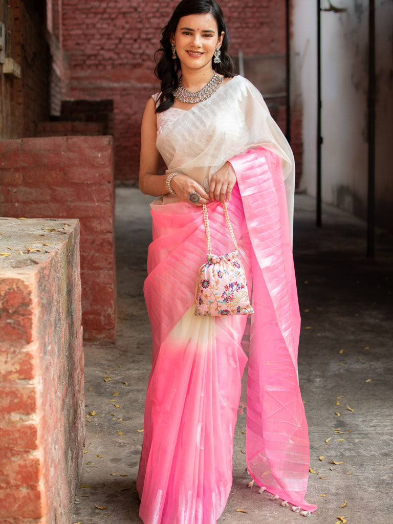 Banarasi Dual Shade Organza Saree With Silver Zari Border-White & Pink