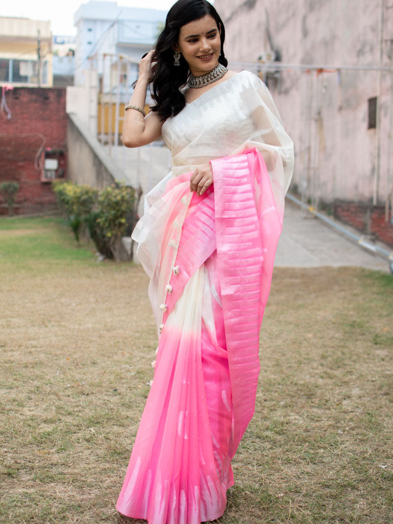 Banarasi Dual Shade Organza Saree With Silver Zari Border-White & Pink