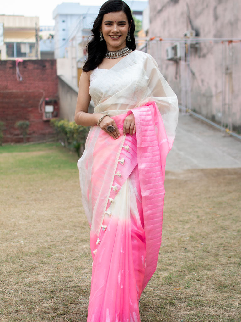 Banarasi Dual Shade Organza Saree With Silver Zari Border-White & Pink