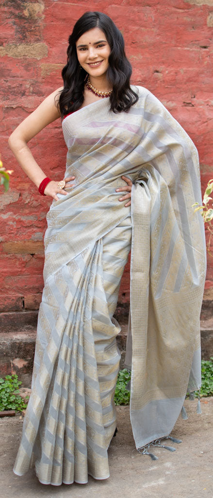Banarasi Pure Cotton Saree Aada Zari Weaving-Grey