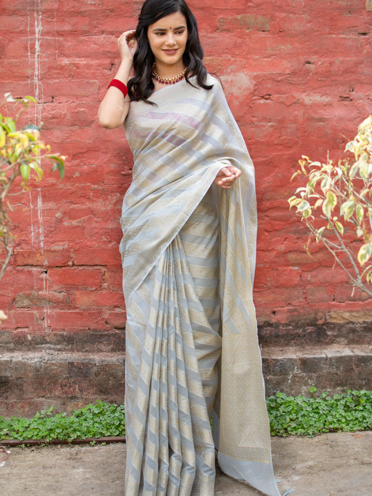 Banarasi Pure Cotton Saree Aada Zari Weaving-Grey