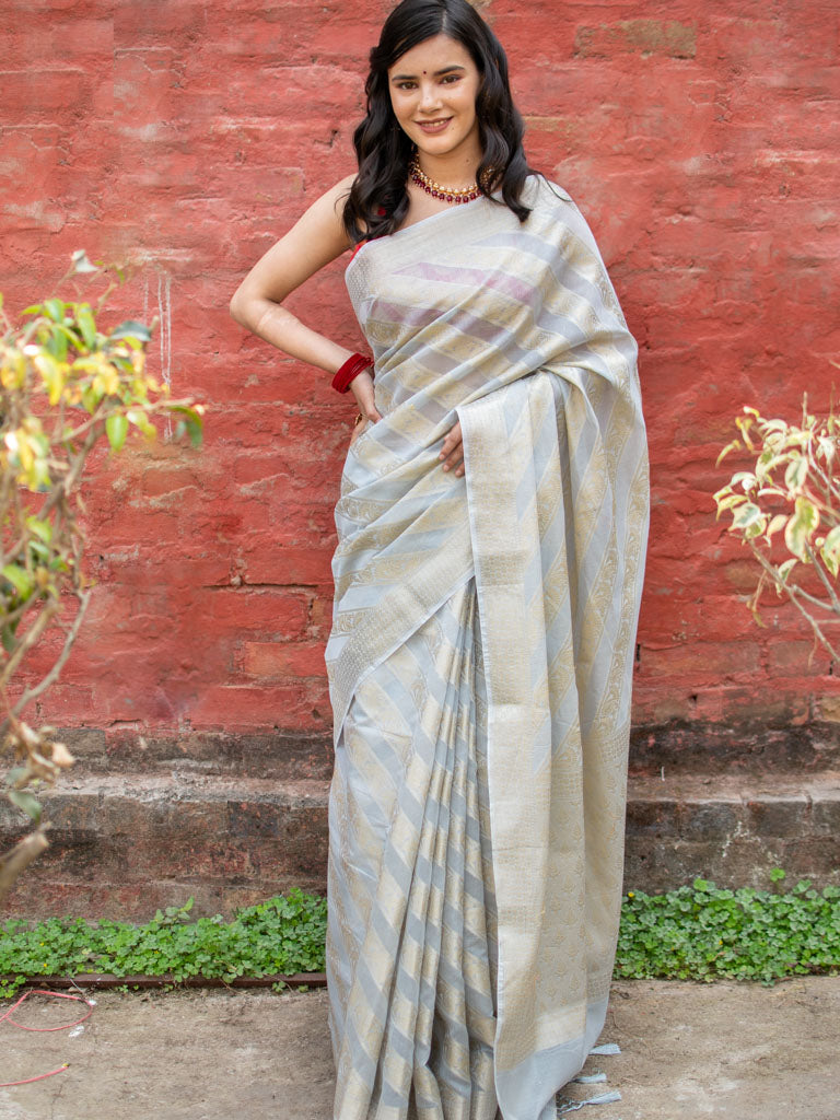 Banarasi Pure Cotton Saree Aada Zari Weaving-Grey