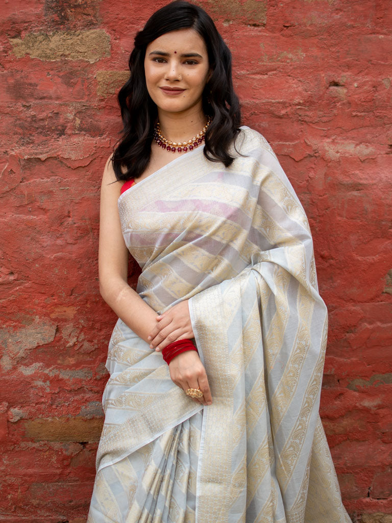 Banarasi Pure Cotton Saree Aada Zari Weaving-Grey