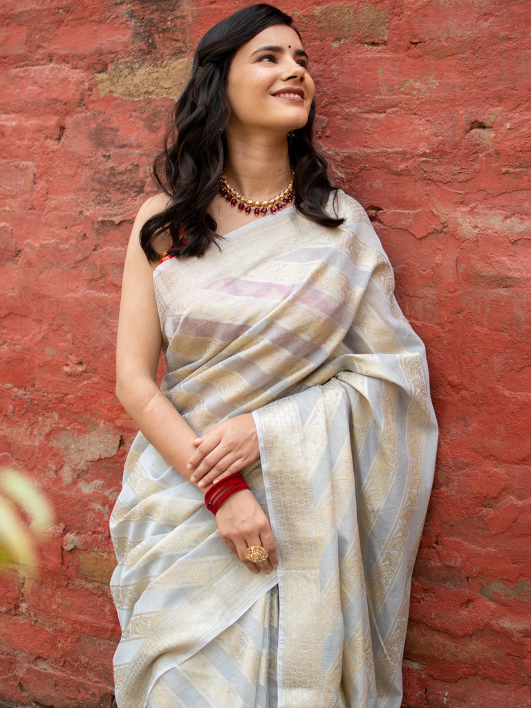 Banarasi Pure Cotton Saree Aada Zari Weaving-Grey