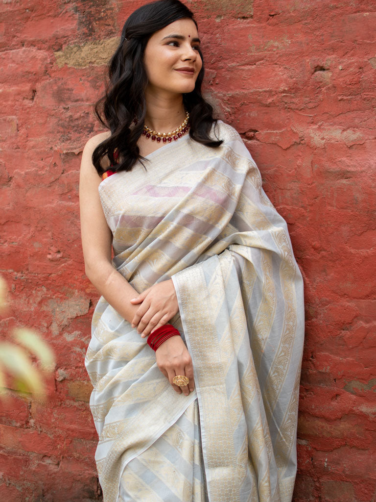 Banarasi Pure Cotton Saree Aada Zari Weaving-Grey