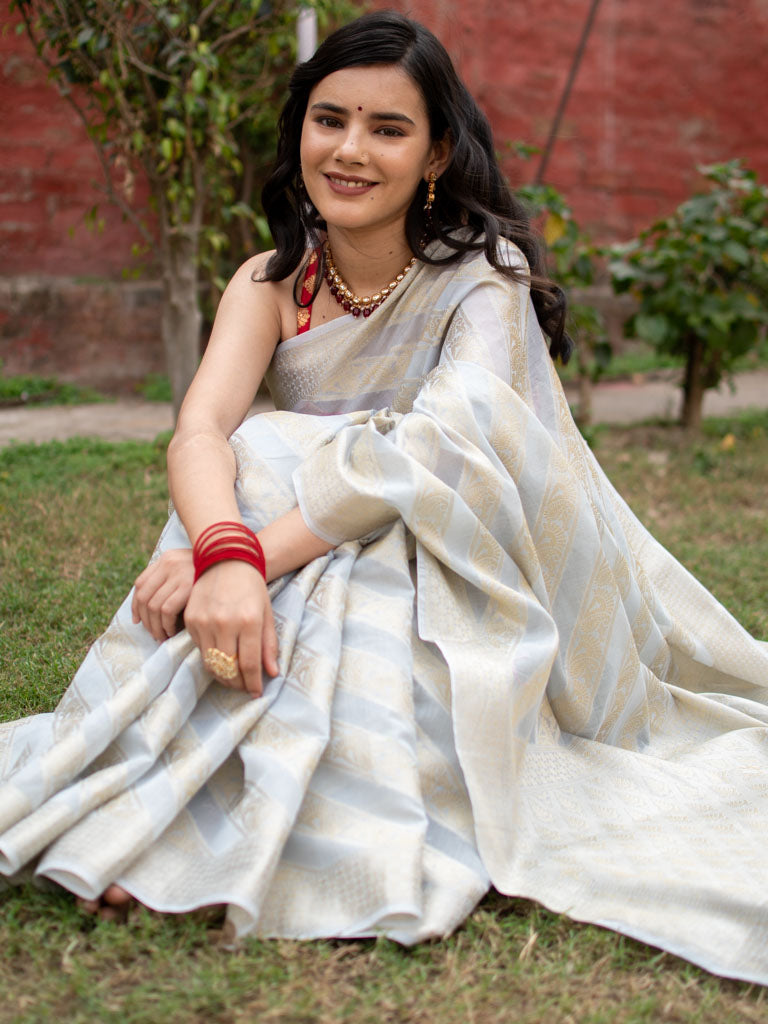 Banarasi Pure Cotton Saree Aada Zari Weaving-Grey