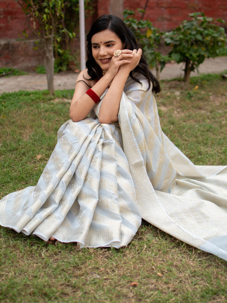 Banarasi Pure Cotton Saree Aada Zari Weaving-Grey