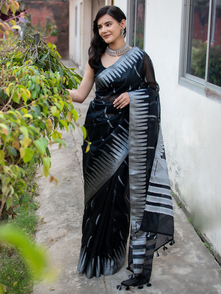 Banarasi  Organza Saree With Silver Zari Border-Black