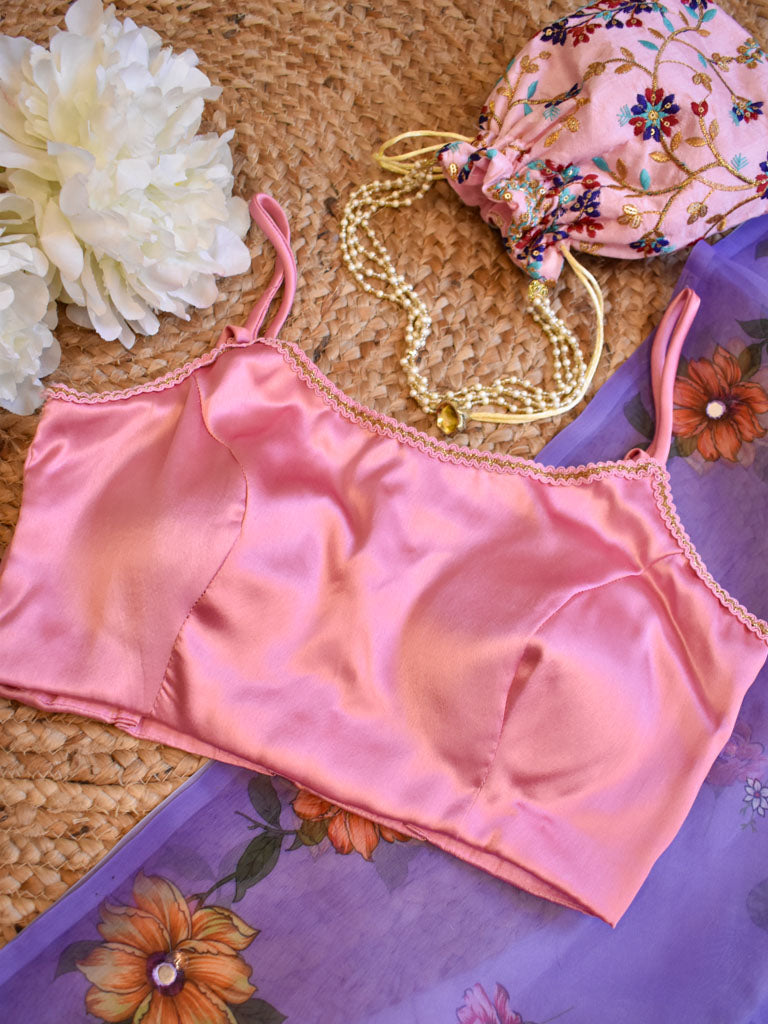 Satin Silk Stitched Noodle Strap Blouse-Pink