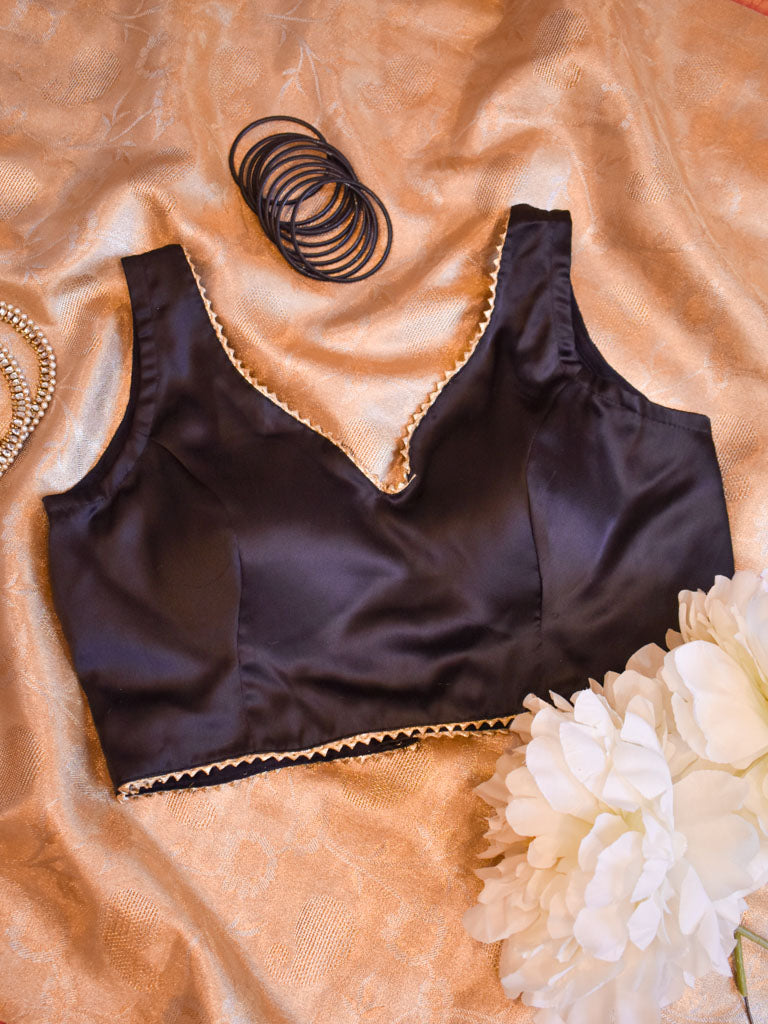 Satin Silk Stitched Laced Sleeveless Blouse-Black