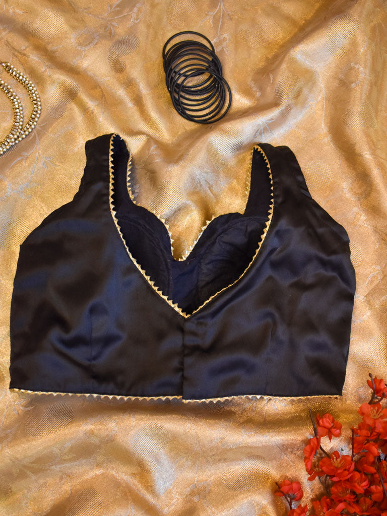 Satin Silk Stitched Laced Sleeveless Blouse-Black