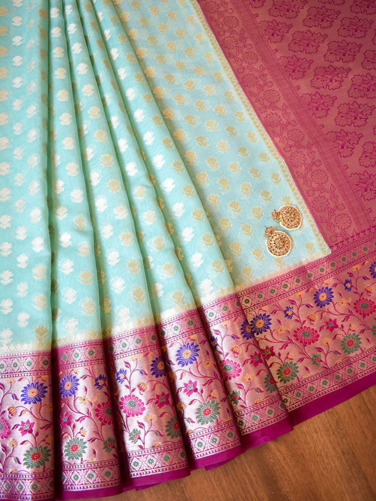 Banarasi Kora Saree With Zari Weaving & Contrast Meena Border-Green & Pink