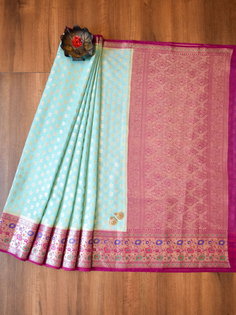 Banarasi Kora Saree With Zari Weaving & Contrast Meena Border-Green & Pink