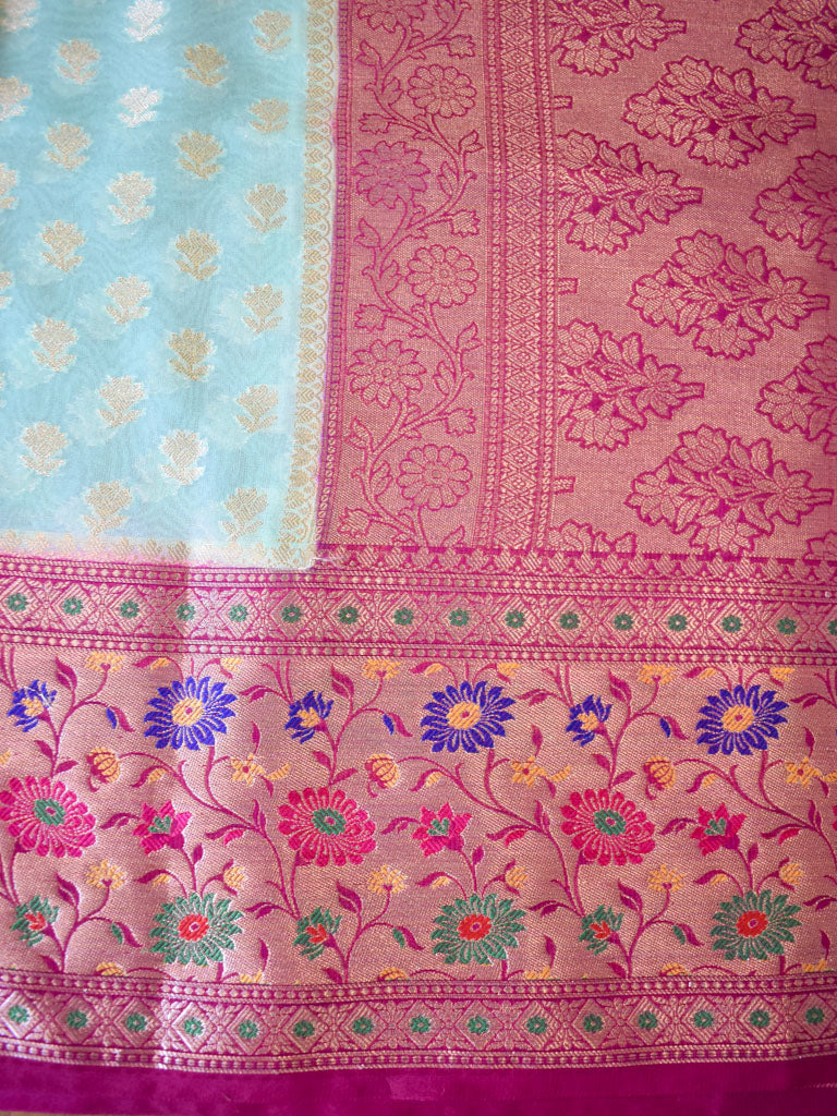 Banarasi Kora Saree With Zari Weaving & Contrast Meena Border-Green & Pink