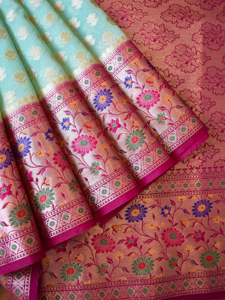 Banarasi Kora Saree With Zari Weaving & Contrast Meena Border-Green & Pink
