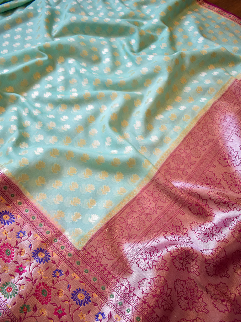 Banarasi Kora Saree With Zari Weaving & Contrast Meena Border-Green & Pink