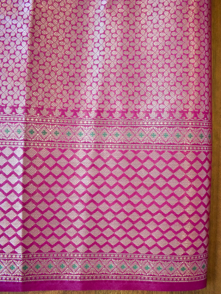 Banarasi Kora Saree With Zari Weaving & Contrast Meena Border-Green & Pink