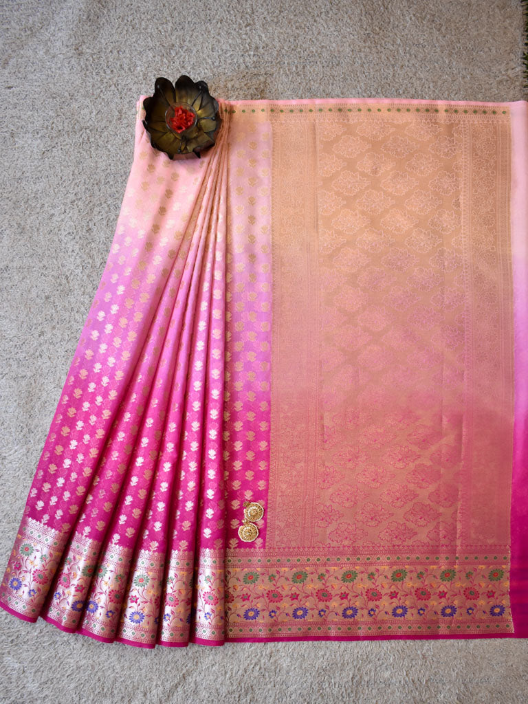Banarasi Kora Saree With Zari Weaving & Contrast Meena Border-Pink