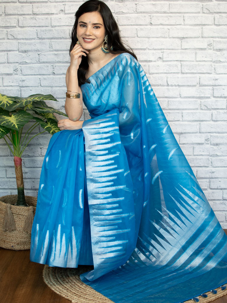 Banarasi Organza Saree With Silver Zari Border-Blue