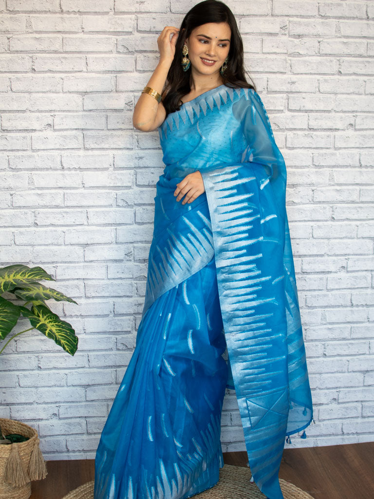Banarasi Organza Saree With Silver Zari Border-Blue
