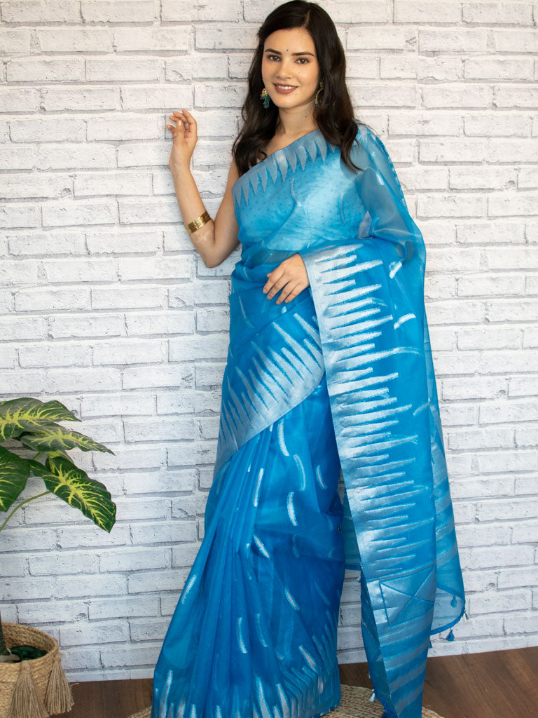 Banarasi Organza Saree With Silver Zari Border-Blue