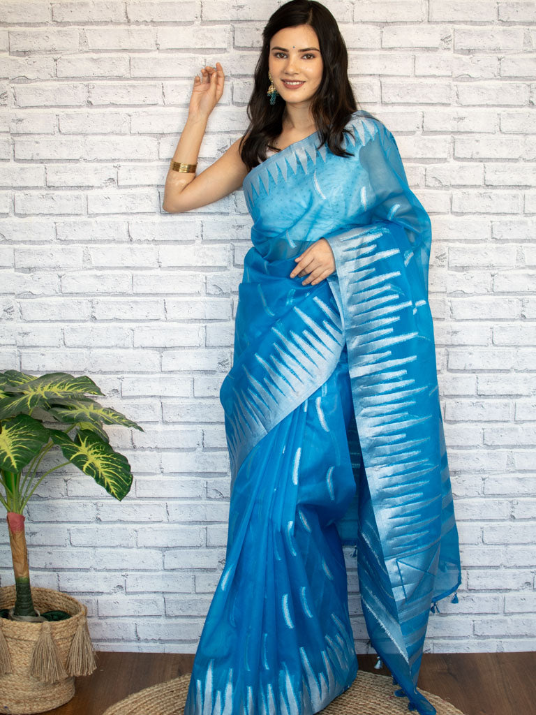 Banarasi Organza Saree With Silver Zari Border-Blue