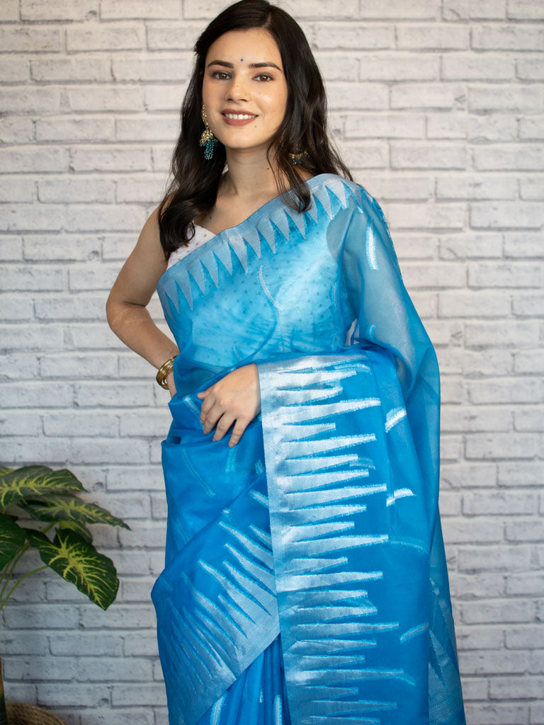 Banarasi Organza Saree With Silver Zari Border-Blue