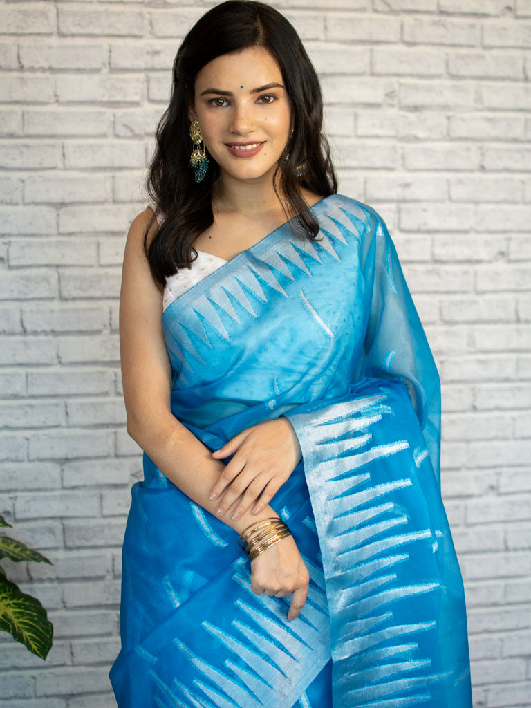 Banarasi Organza Saree With Silver Zari Border-Blue