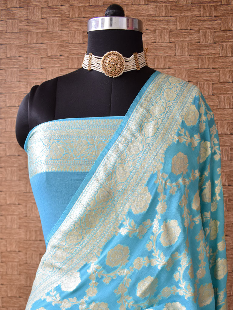 Banarasi Pure Khaddi Georgette Saree With Jaal Zari Weaving-Blue
