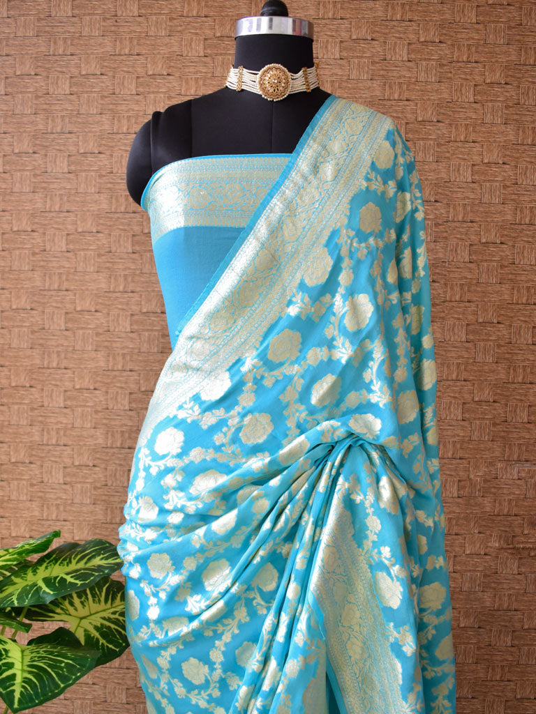 Banarasi Pure Khaddi Georgette Saree With Jaal Zari Weaving-Blue