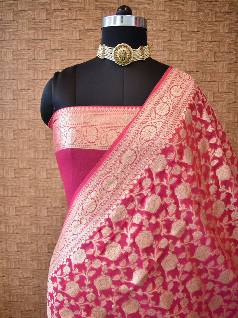 Banarasi Pure Khaddi Georgette Saree With Jaal Zari Weaving-Strawberry Pink