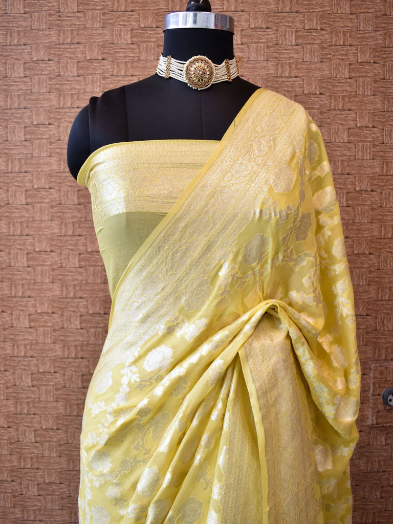 Banarasi Pure Khaddi Georgette Saree With Jaal Zari Weaving-Yellow