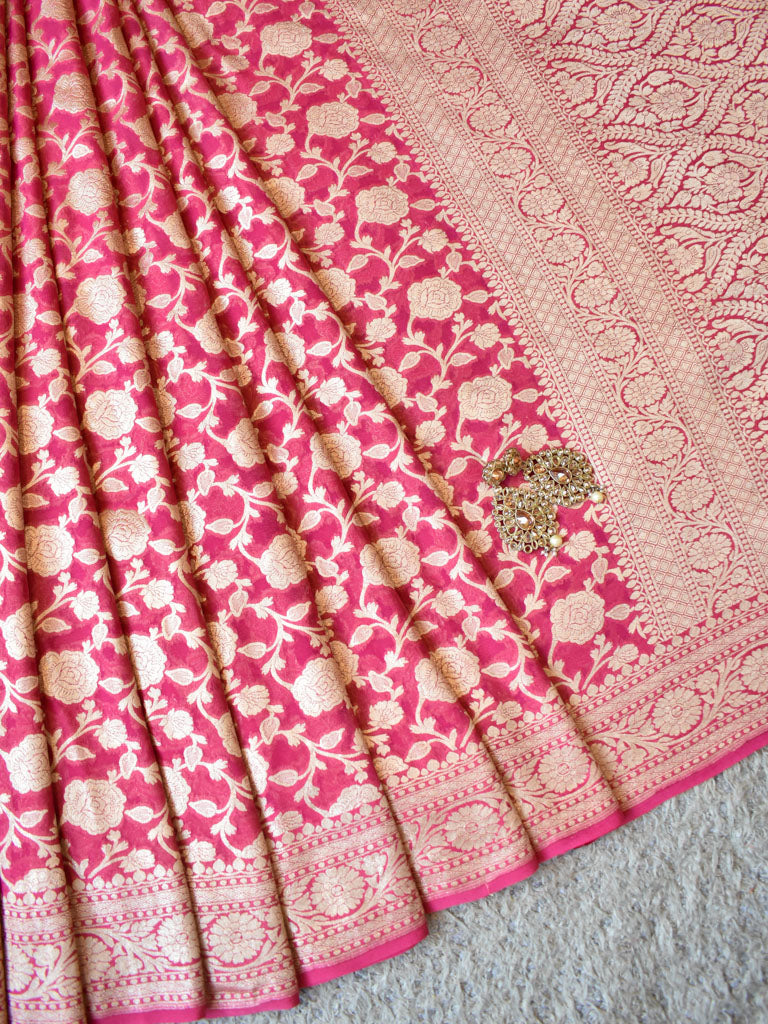 Banarasi Pure Khaddi Georgette Saree With Jaal Zari Weaving-Strawberry Pink