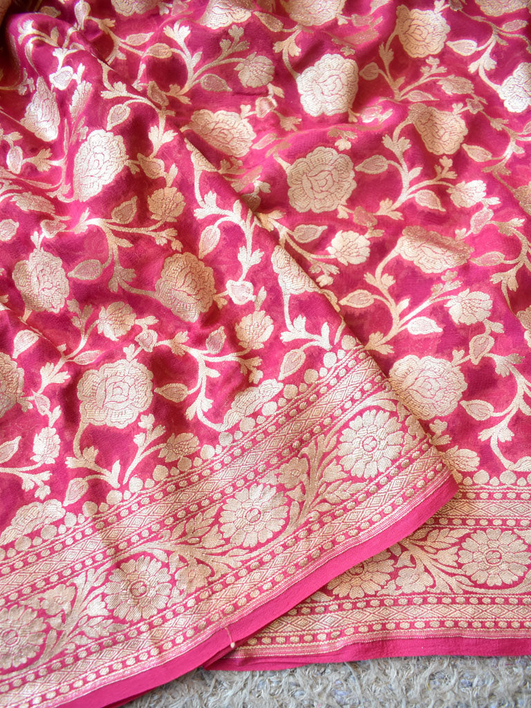 Banarasi Pure Khaddi Georgette Saree With Jaal Zari Weaving-Strawberry Pink