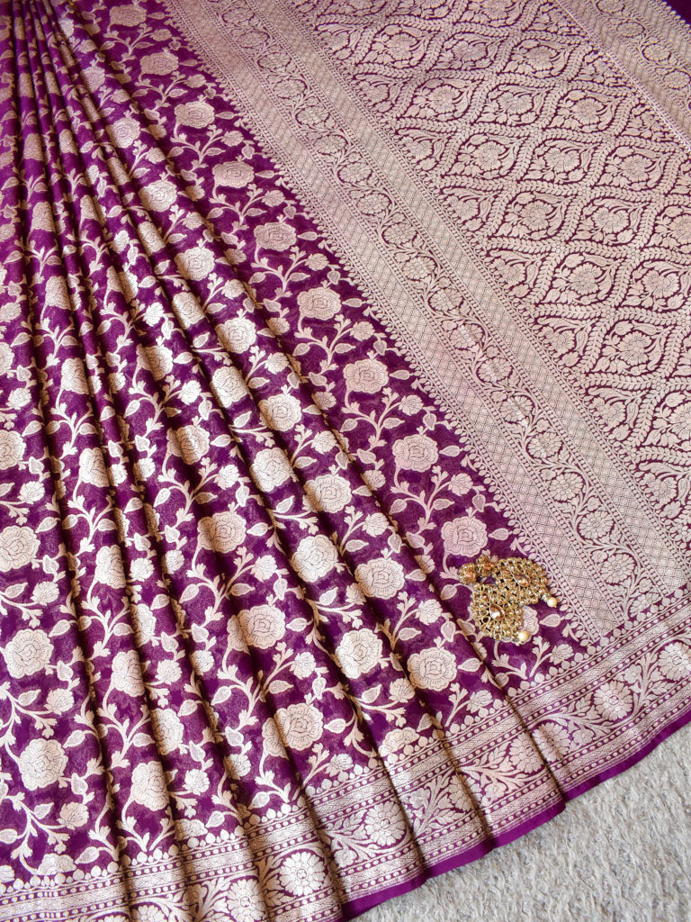 Banarasi Pure Khaddi Georgette Saree With Jaal Zari Weaving-Wine