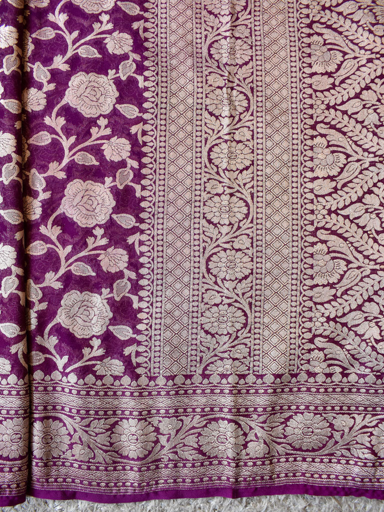 Banarasi Pure Khaddi Georgette Saree With Jaal Zari Weaving-Wine