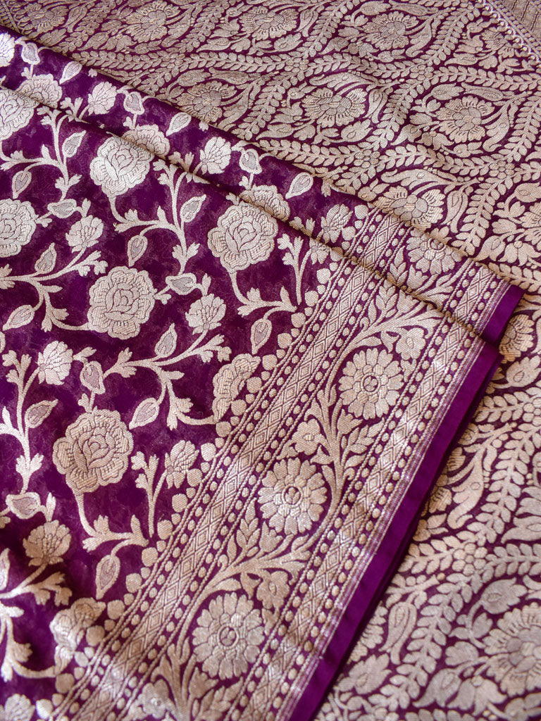 Banarasi Pure Khaddi Georgette Saree With Jaal Zari Weaving-Wine