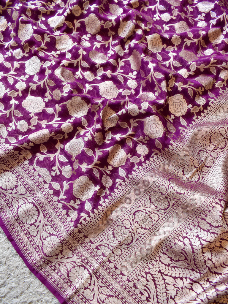 Banarasi Pure Khaddi Georgette Saree With Jaal Zari Weaving-Wine