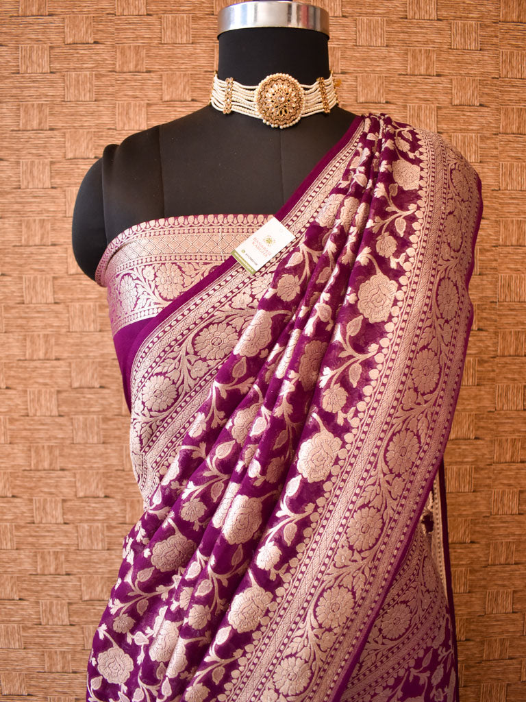 Banarasi Pure Khaddi Georgette Saree With Jaal Zari Weaving-Wine